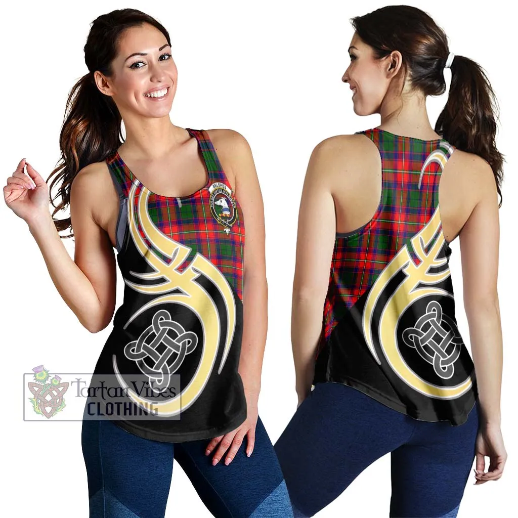 Belshes Tartan Women's Racerback Tanks with Family Crest and Celtic Symbol Style
