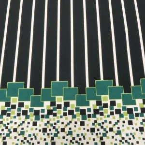 Black, Green and White Stripes and Squares Printed Jersey Stretch Fabric
