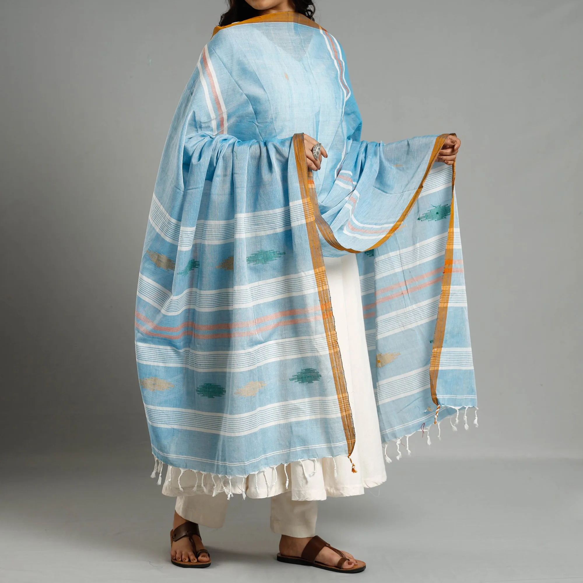 Blue - Assam Weave Handloom Cotton Thread Buti Dupatta with Tassels
