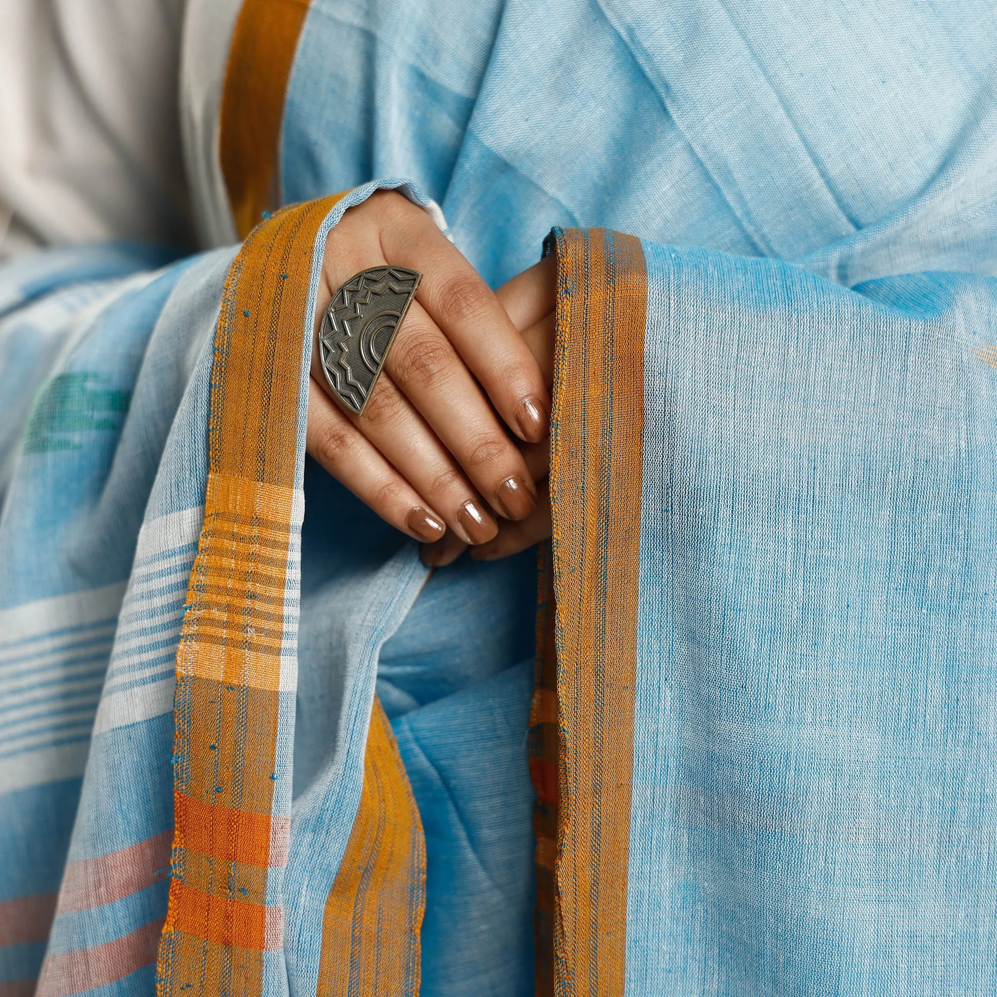 Blue - Assam Weave Handloom Cotton Thread Buti Dupatta with Tassels