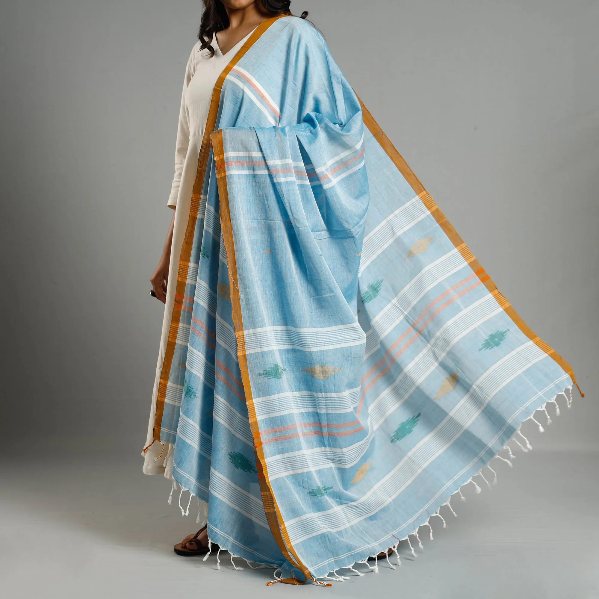 Blue - Assam Weave Handloom Cotton Thread Buti Dupatta with Tassels