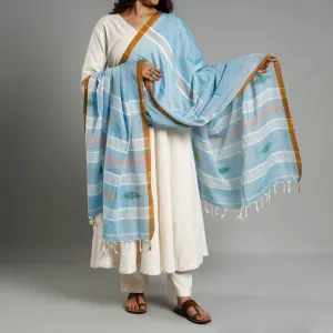 Blue - Assam Weave Handloom Cotton Thread Buti Dupatta with Tassels