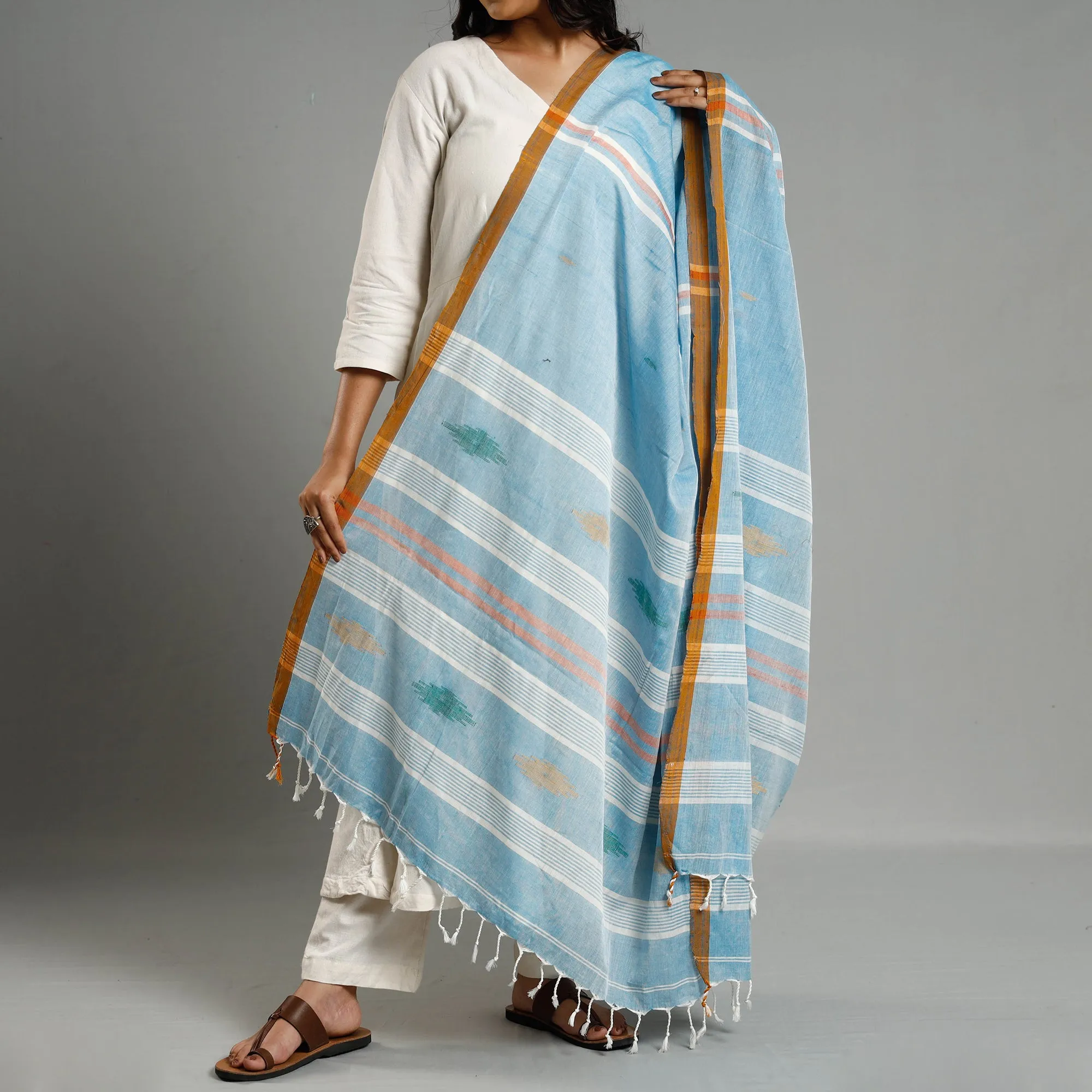 Blue - Assam Weave Handloom Cotton Thread Buti Dupatta with Tassels