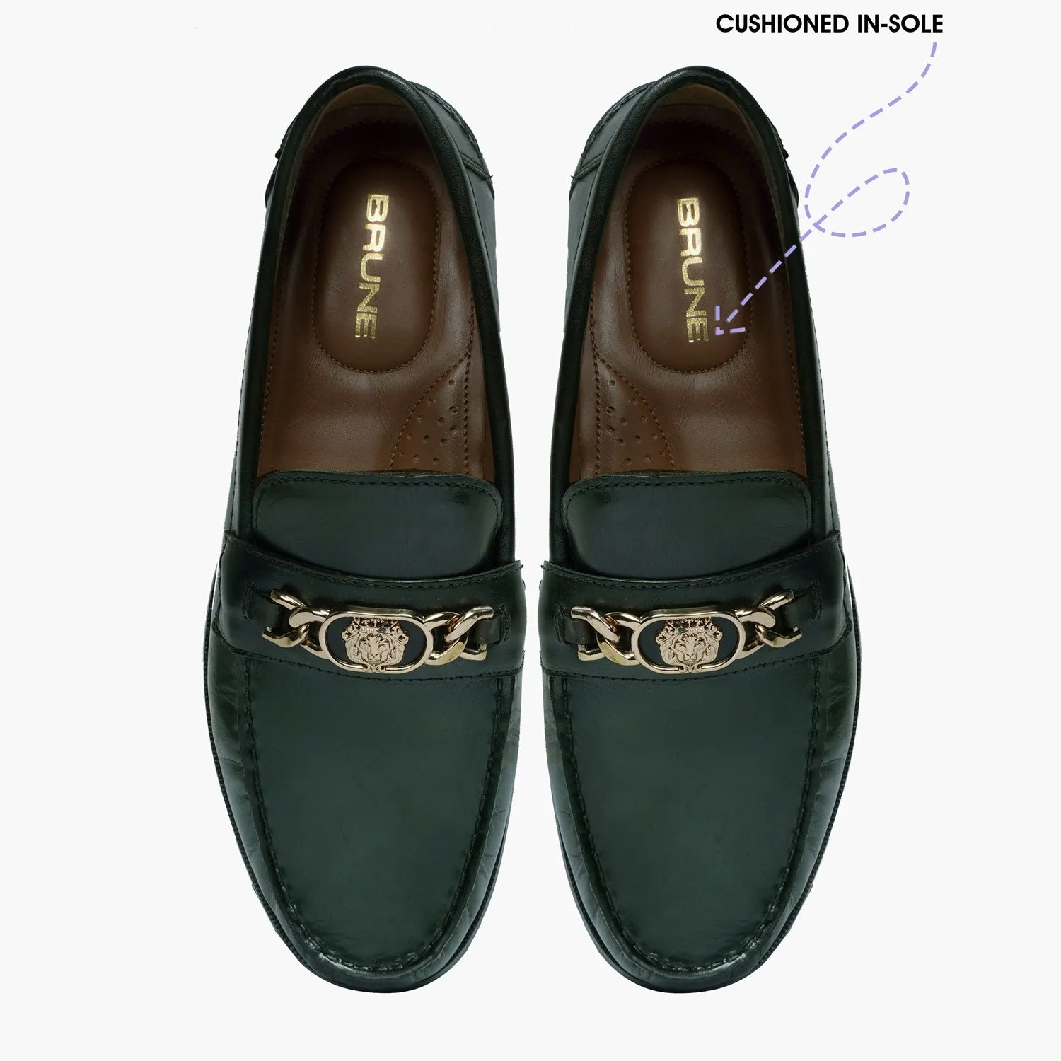 Dark Green Moccasin Loafer with Chain Embellishment Lion Logo