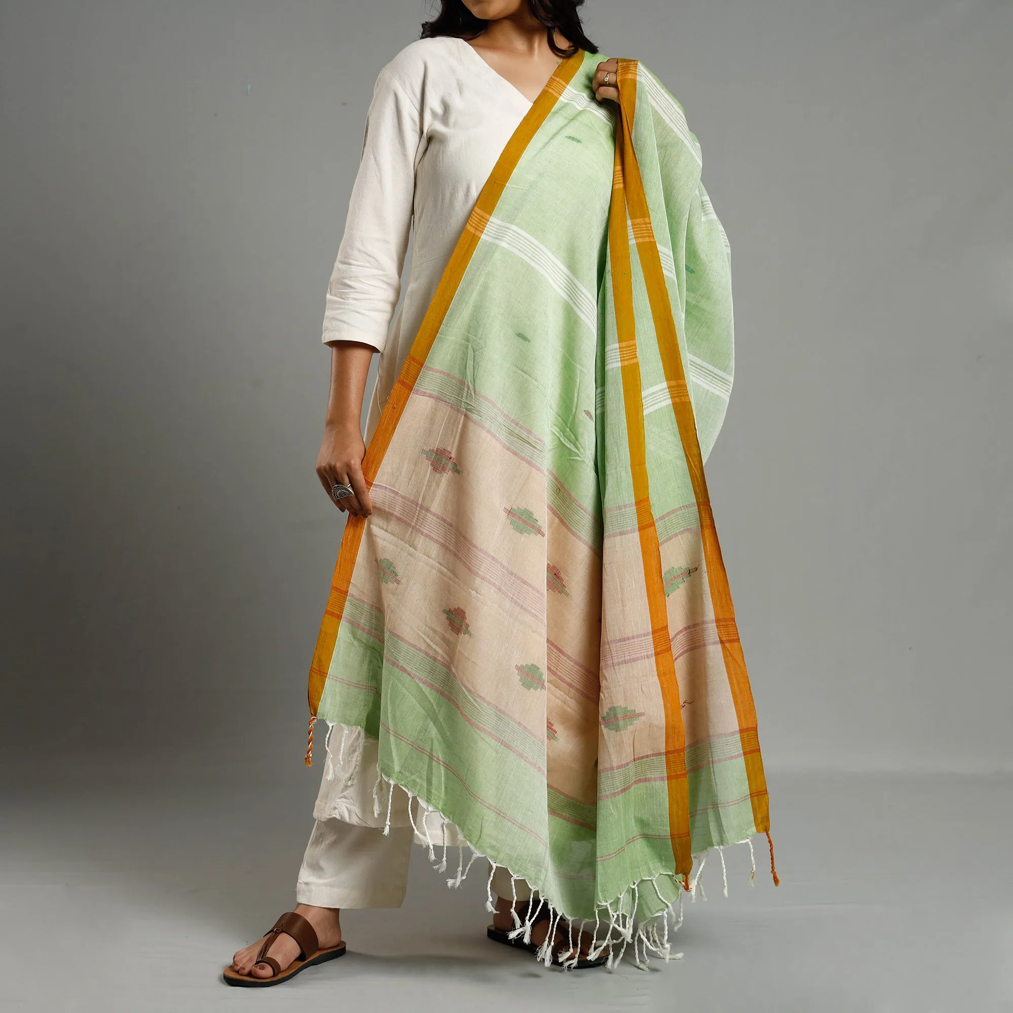 Green - Assam Weave Handloom Cotton Thread Buti Dupatta with Tassels