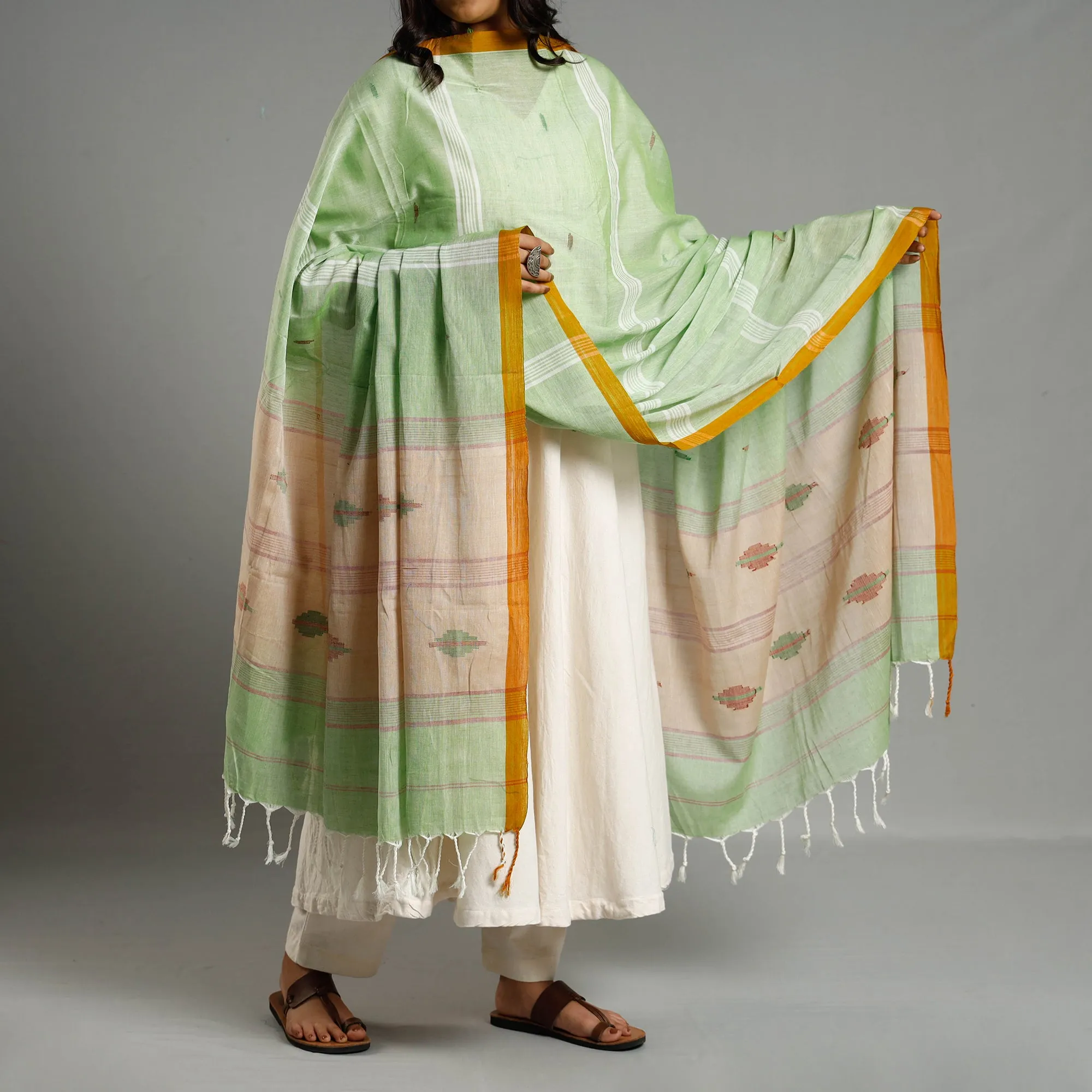 Green - Assam Weave Handloom Cotton Thread Buti Dupatta with Tassels