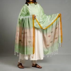Green - Assam Weave Handloom Cotton Thread Buti Dupatta with Tassels