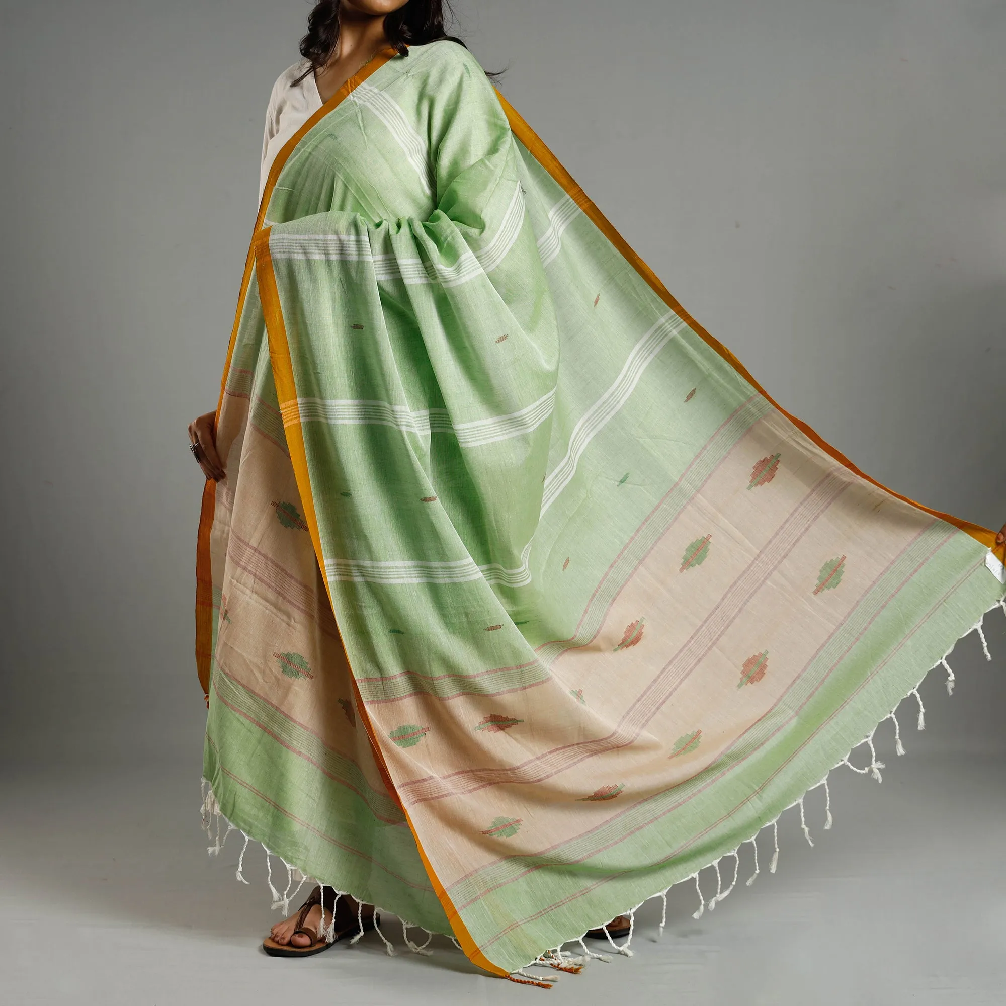 Green - Assam Weave Handloom Cotton Thread Buti Dupatta with Tassels