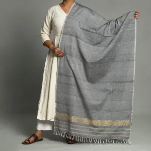 Grey - Assam Weave Handloom Cotton Thread Buti Dupatta with Tassels
