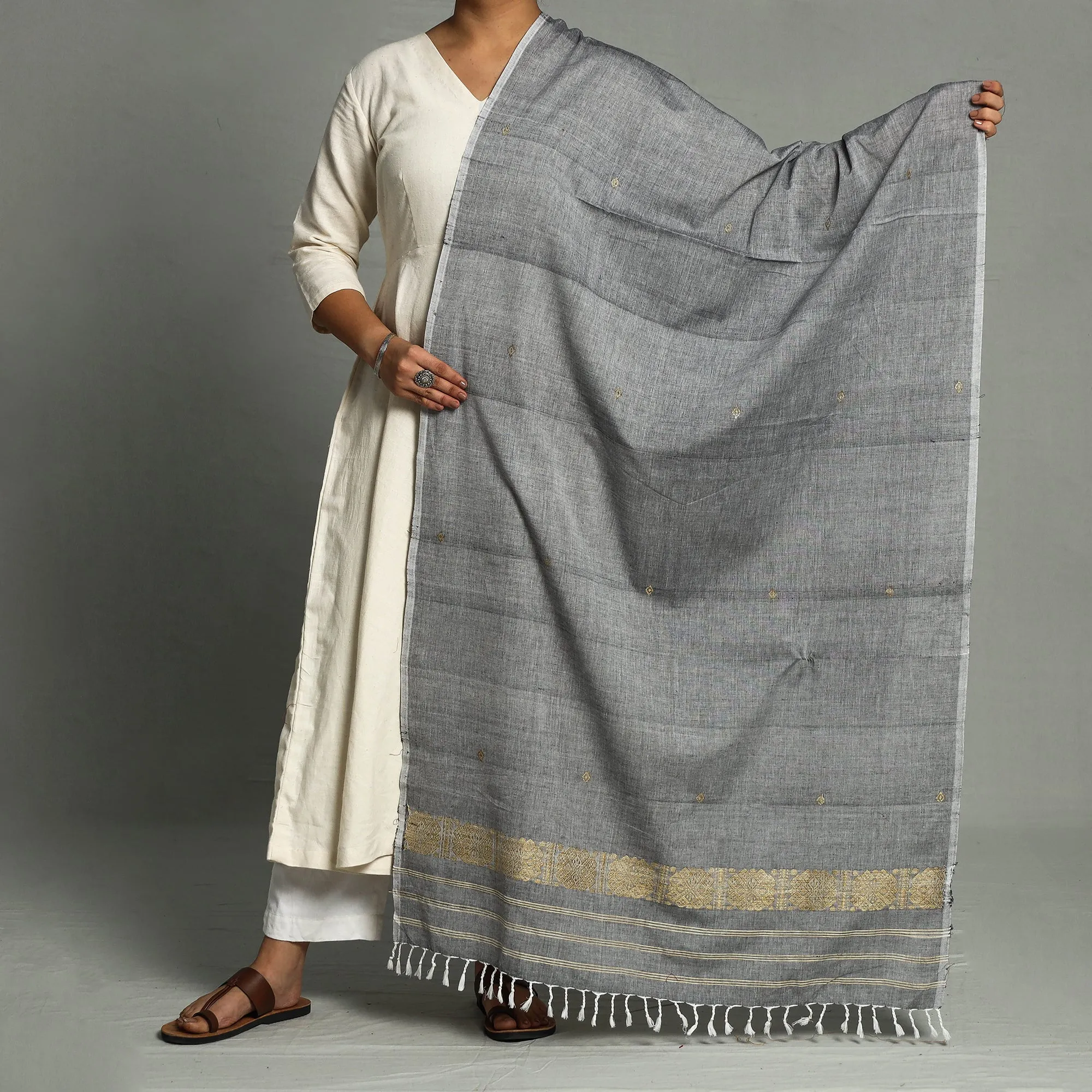 Grey - Assam Weave Handloom Cotton Thread Buti Dupatta with Tassels