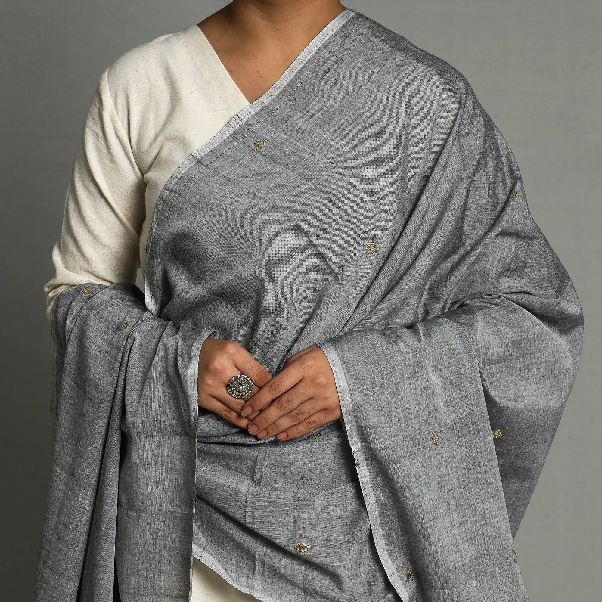 Grey - Assam Weave Handloom Cotton Thread Buti Dupatta with Tassels
