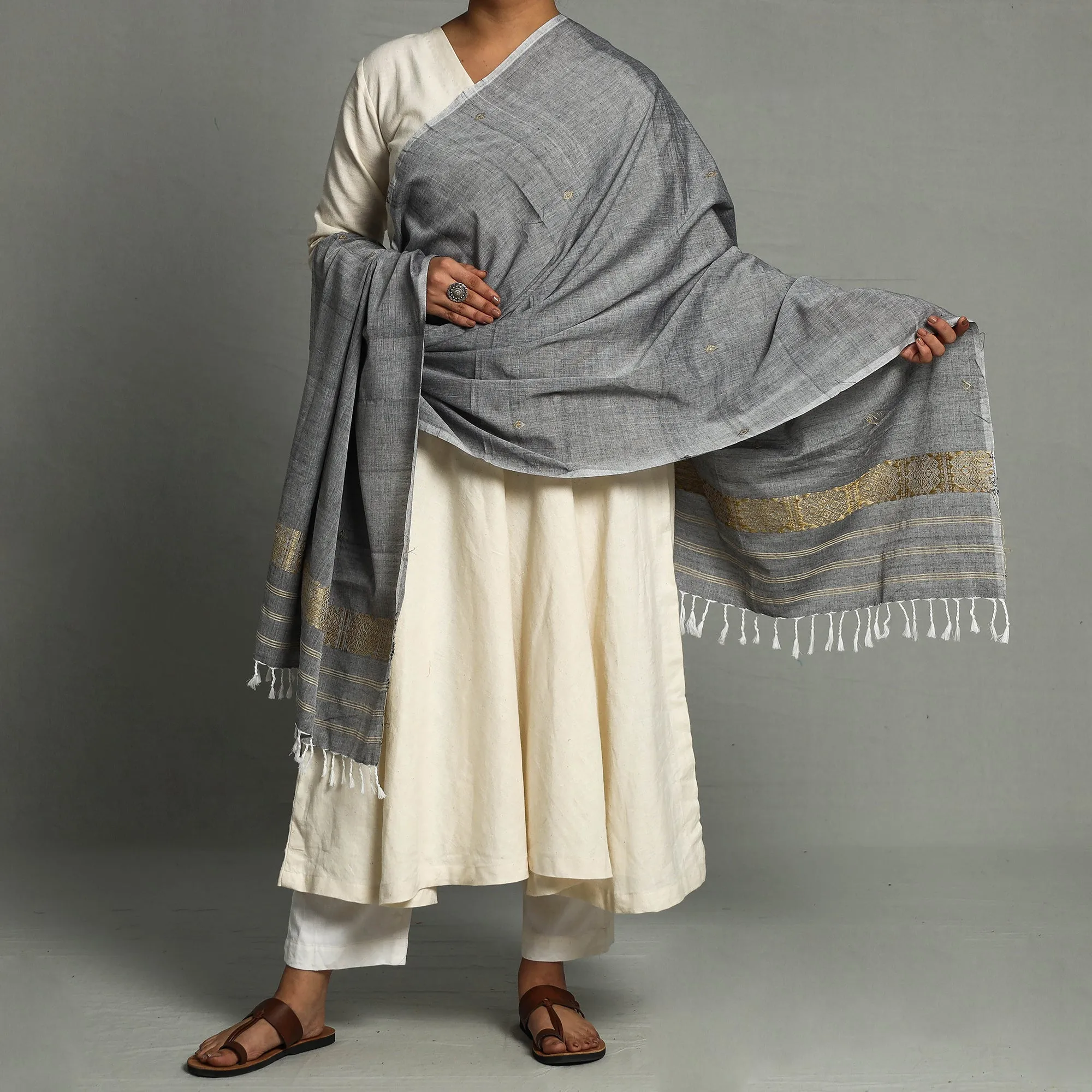 Grey - Assam Weave Handloom Cotton Thread Buti Dupatta with Tassels