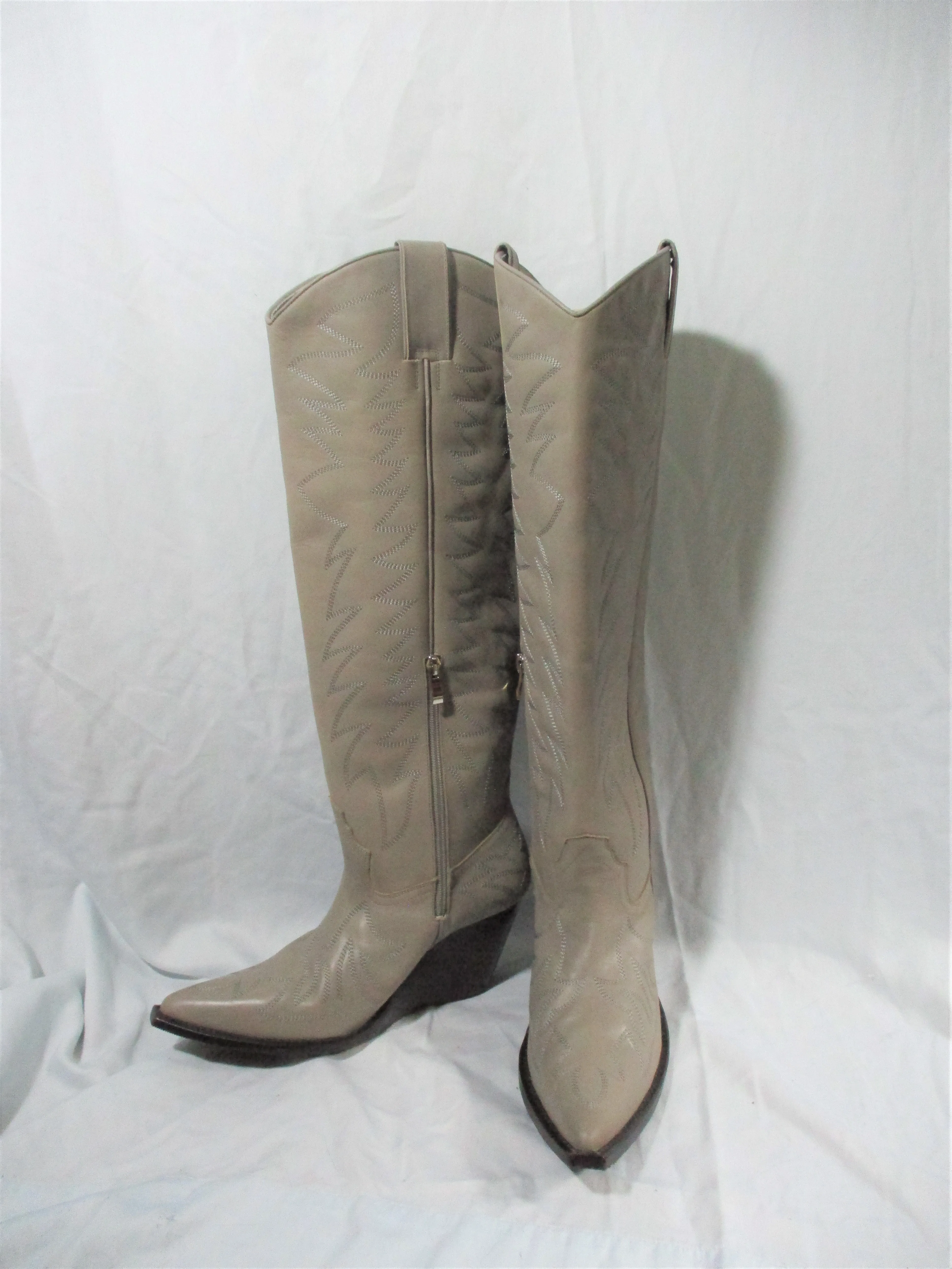 JEFFREY CAMPBELL Knee-High Cowboy Western Gringo Wedge Boot Leather 10 GRAY
