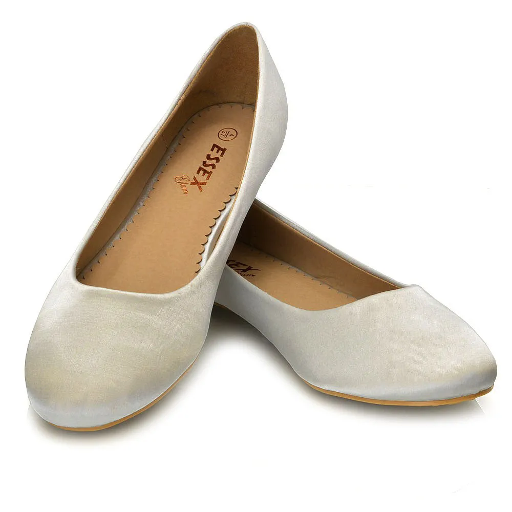 MALEFICENT FLAT BLOCK HIGH HEELED SLIP ON BALLERINA PUMP SHOES IN SILVER SATIN