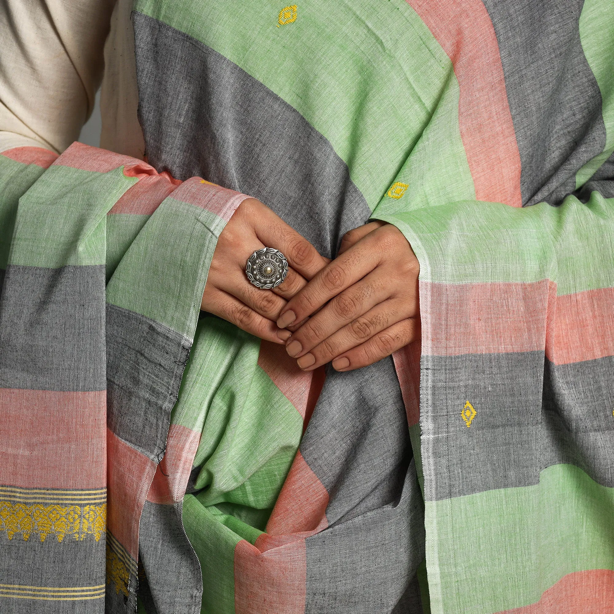 Multicolor - Assam Weave Handloom Cotton Thread Buti Dupatta with Tassels