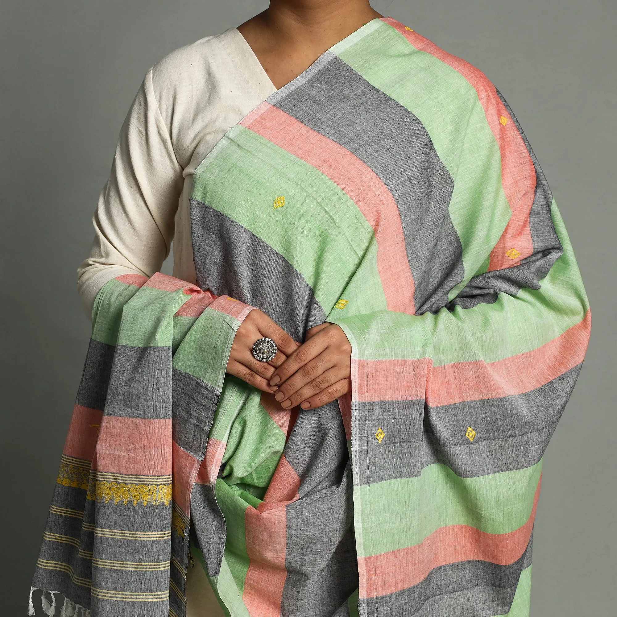 Multicolor - Assam Weave Handloom Cotton Thread Buti Dupatta with Tassels