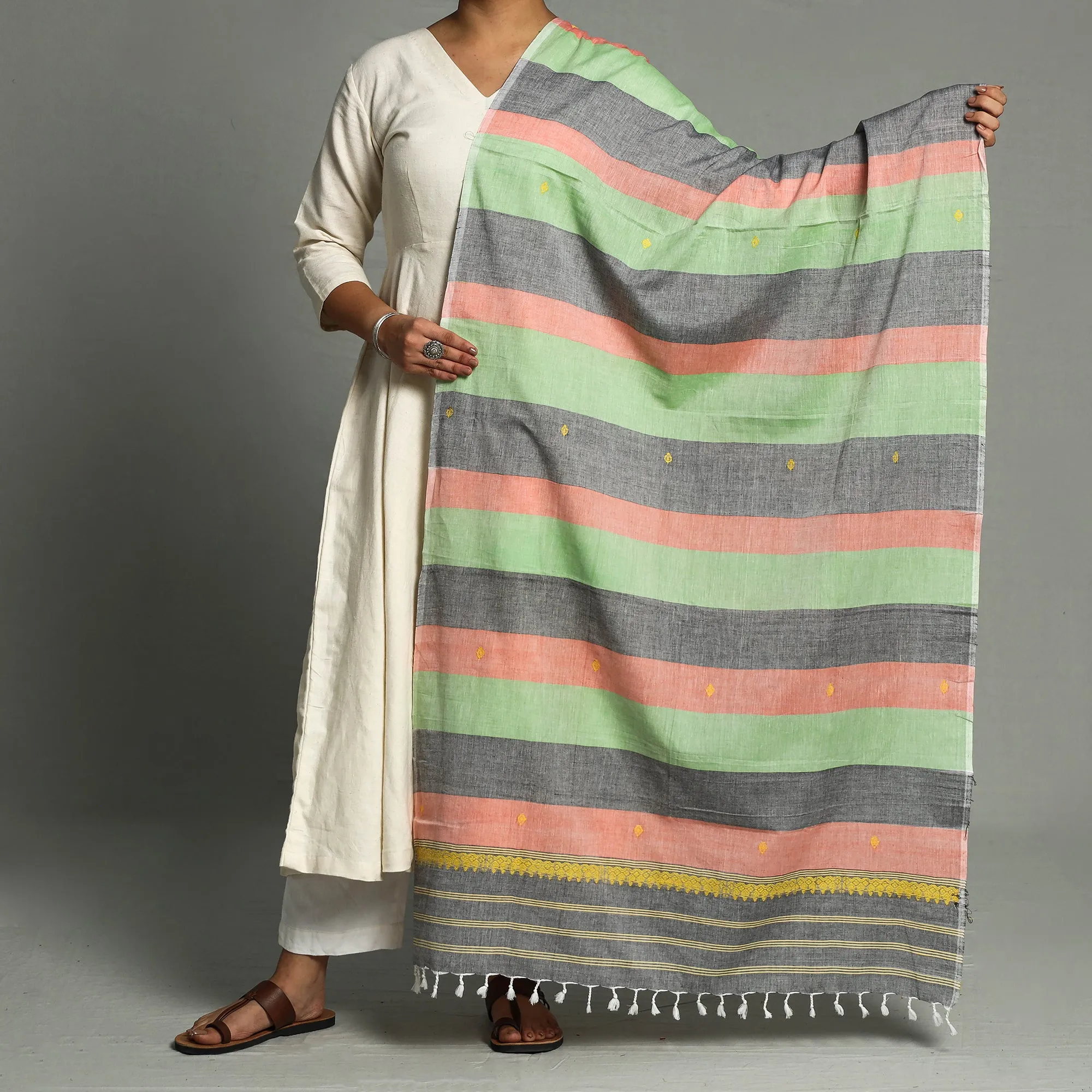 Multicolor - Assam Weave Handloom Cotton Thread Buti Dupatta with Tassels