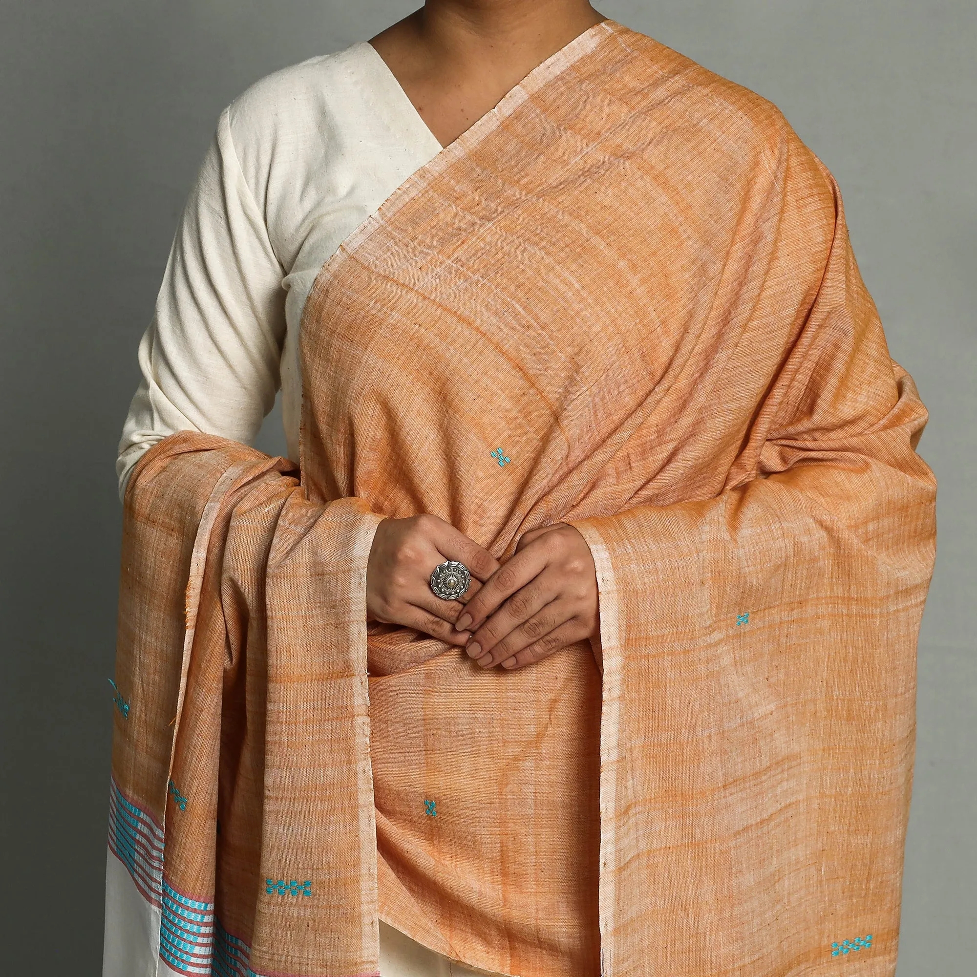 Orange - Assam Weave Handloom Cotton Thread Buti Dupatta with Tassels