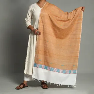 Orange - Assam Weave Handloom Cotton Thread Buti Dupatta with Tassels