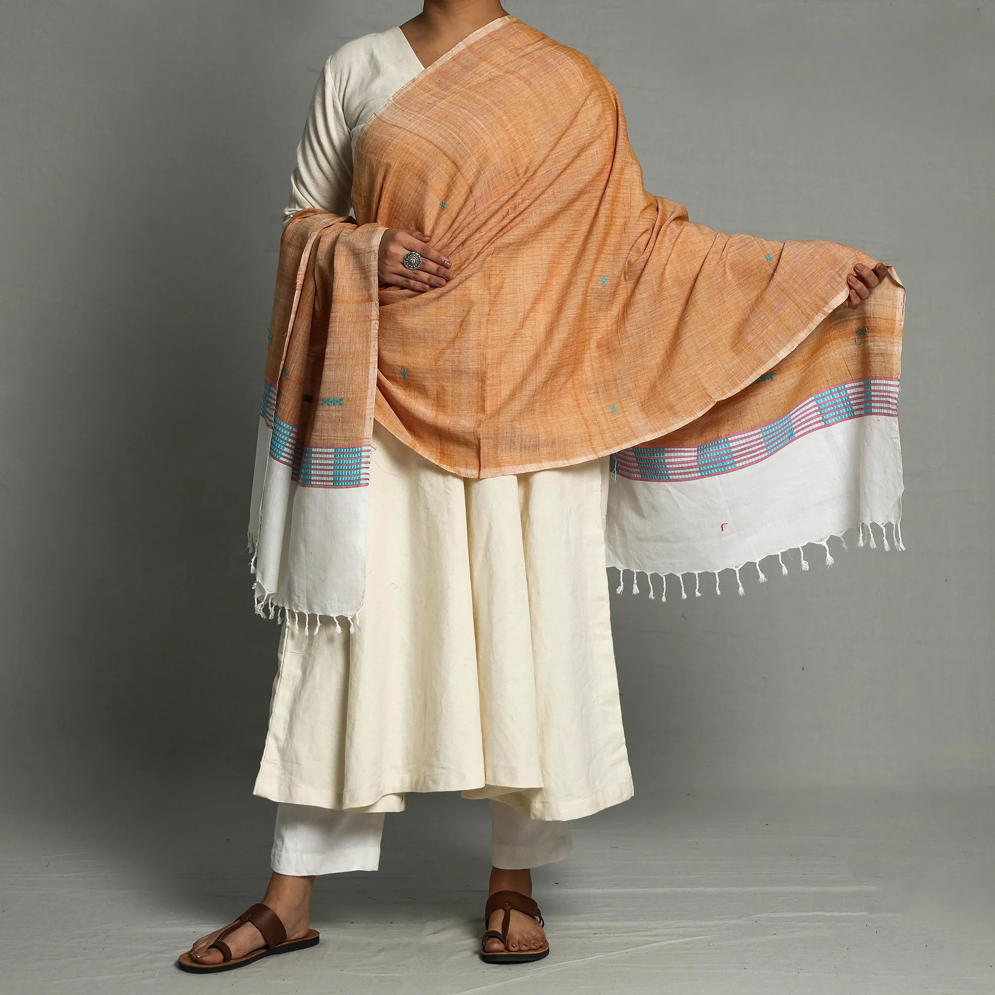 Orange - Assam Weave Handloom Cotton Thread Buti Dupatta with Tassels