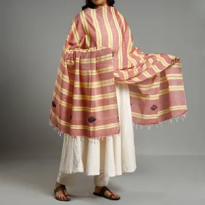 Peach -Assam Weave Handloom Cotton Thread Buti Dupatta with Tassels