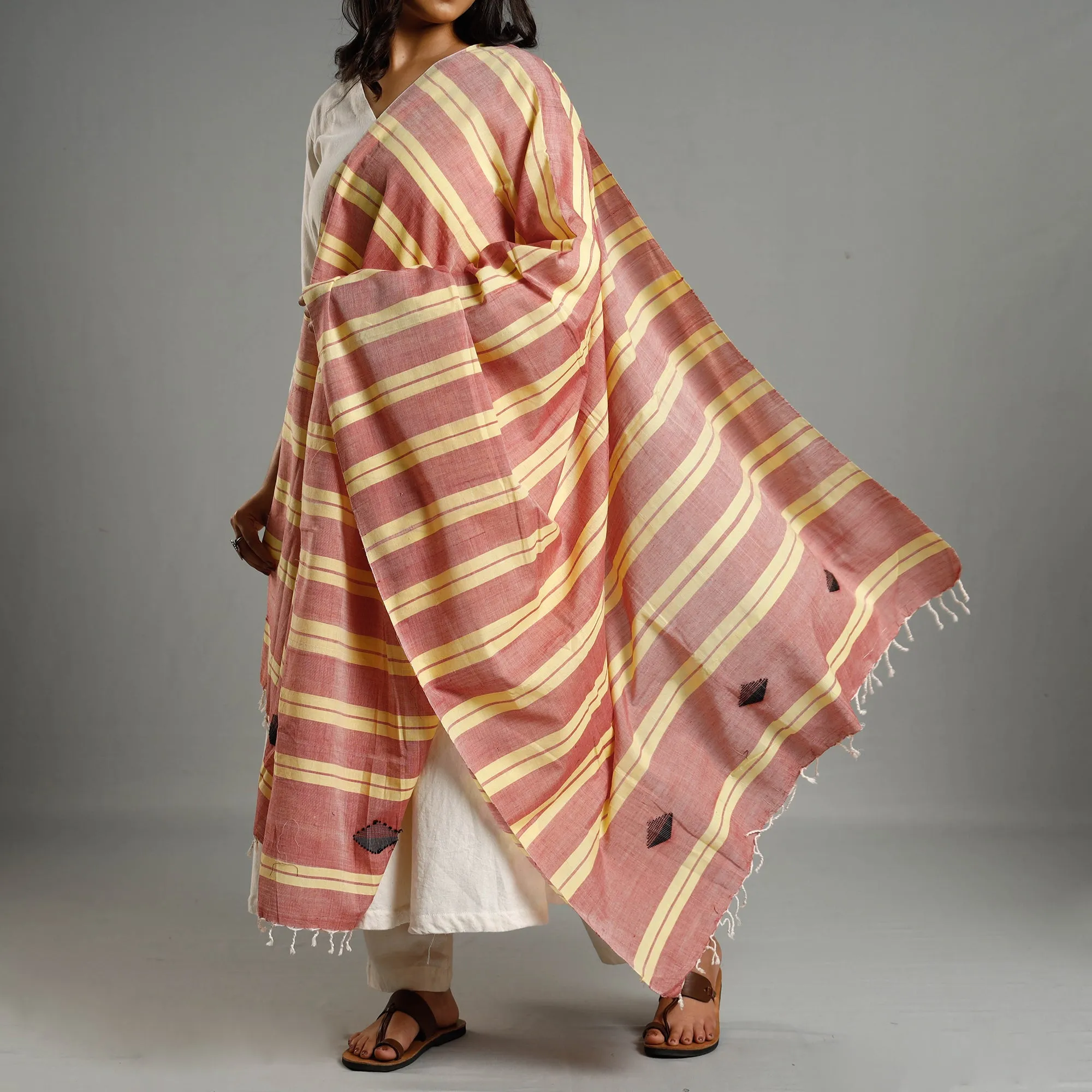 Peach -Assam Weave Handloom Cotton Thread Buti Dupatta with Tassels