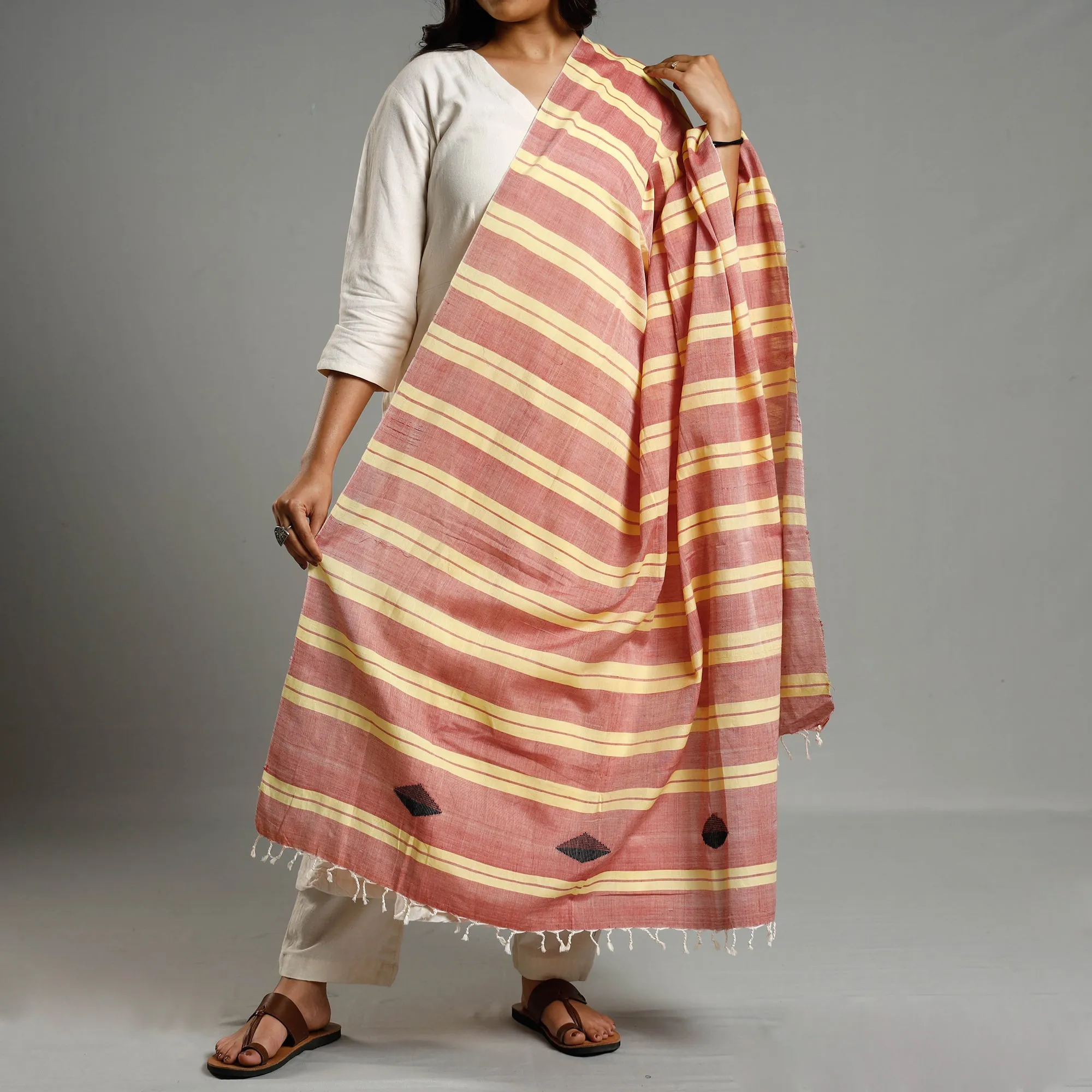 Peach -Assam Weave Handloom Cotton Thread Buti Dupatta with Tassels