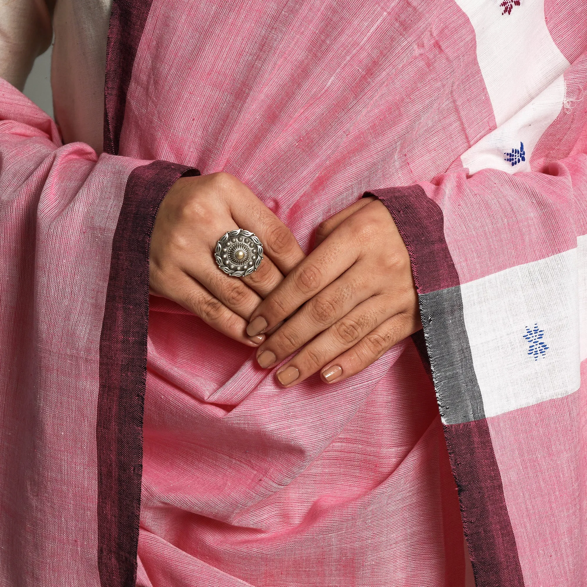 Pink - Assam Weave Handloom Cotton Thread Buti Dupatta with Tassels