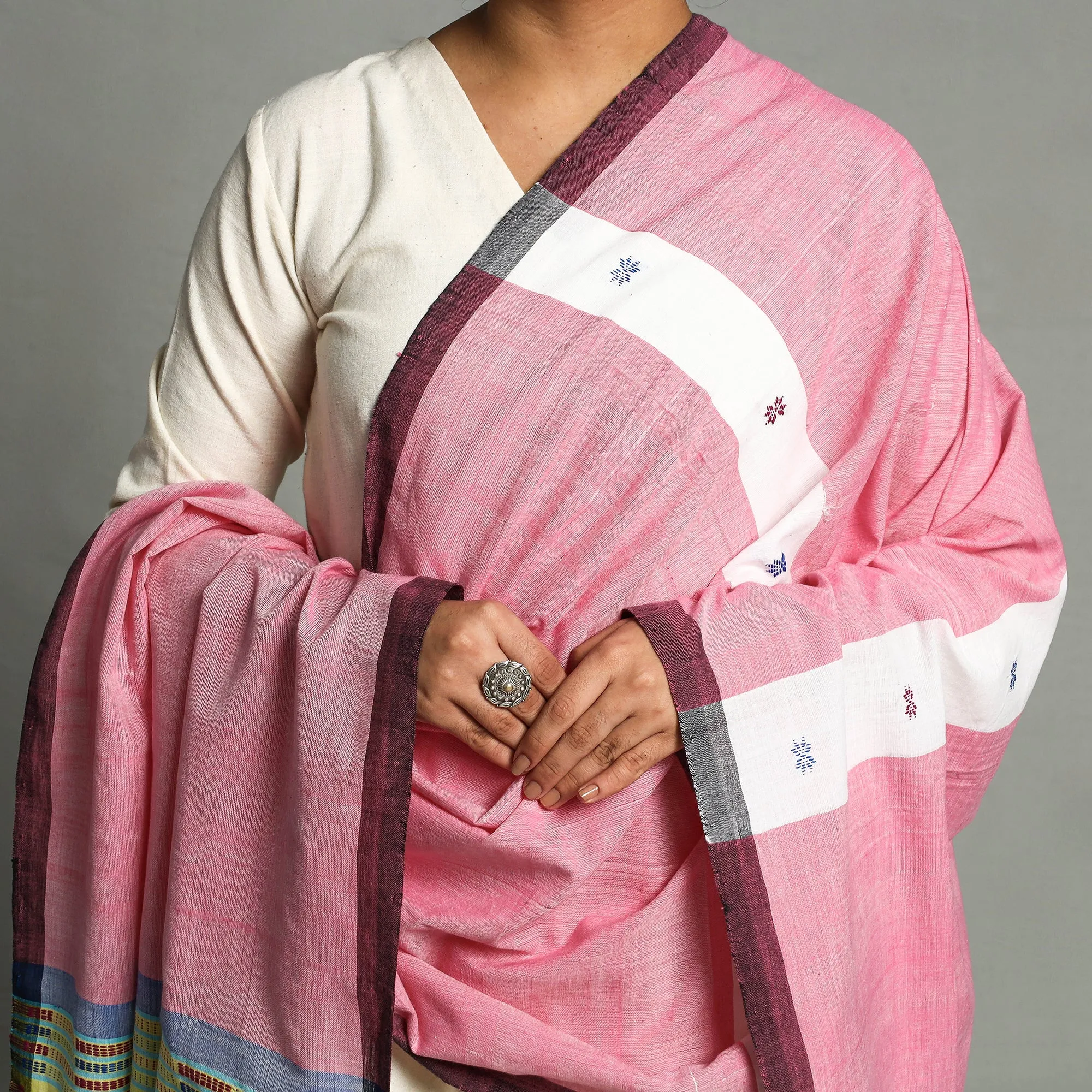 Pink - Assam Weave Handloom Cotton Thread Buti Dupatta with Tassels