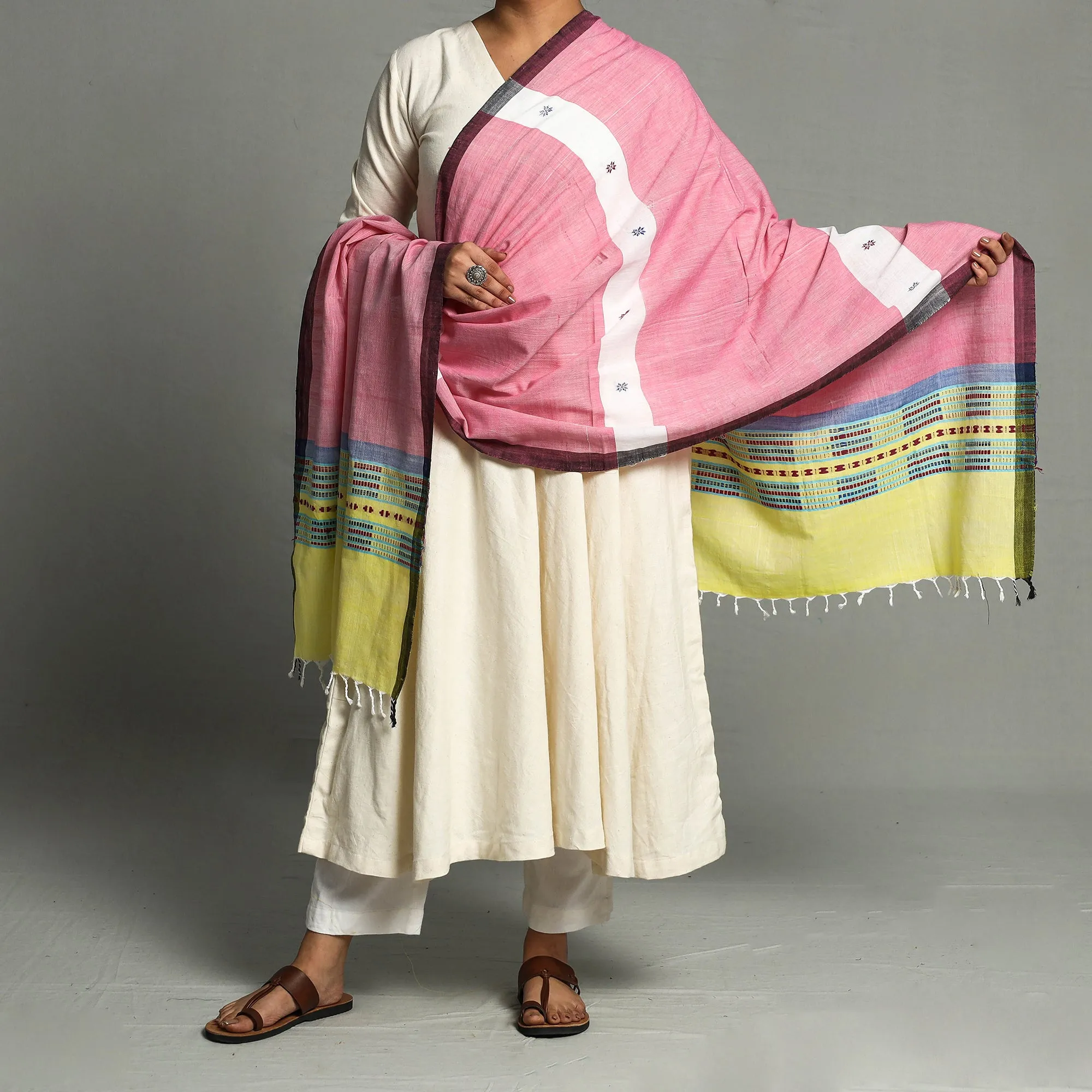 Pink - Assam Weave Handloom Cotton Thread Buti Dupatta with Tassels