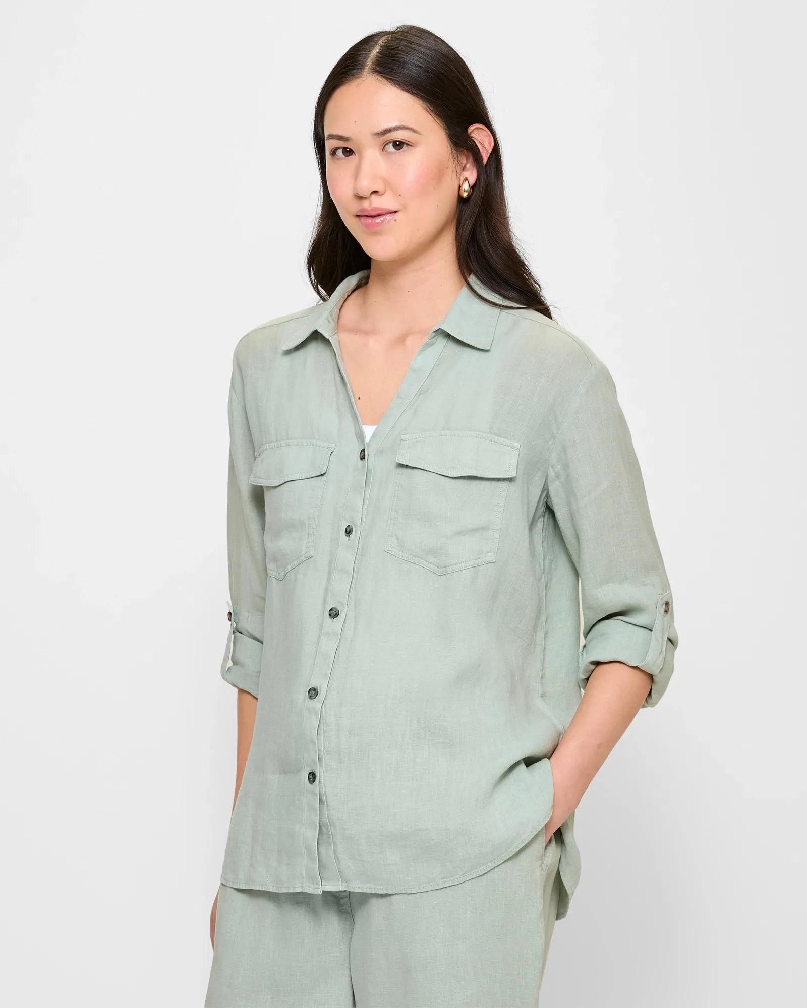 popular  European Linen Roll Cuff Shirt - Jadiette