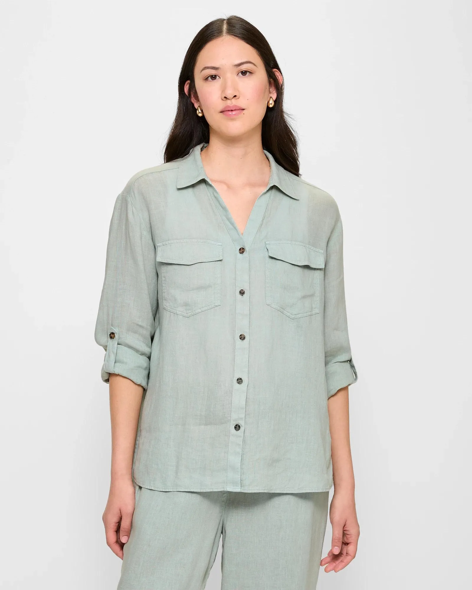 popular  European Linen Roll Cuff Shirt - Jadiette
