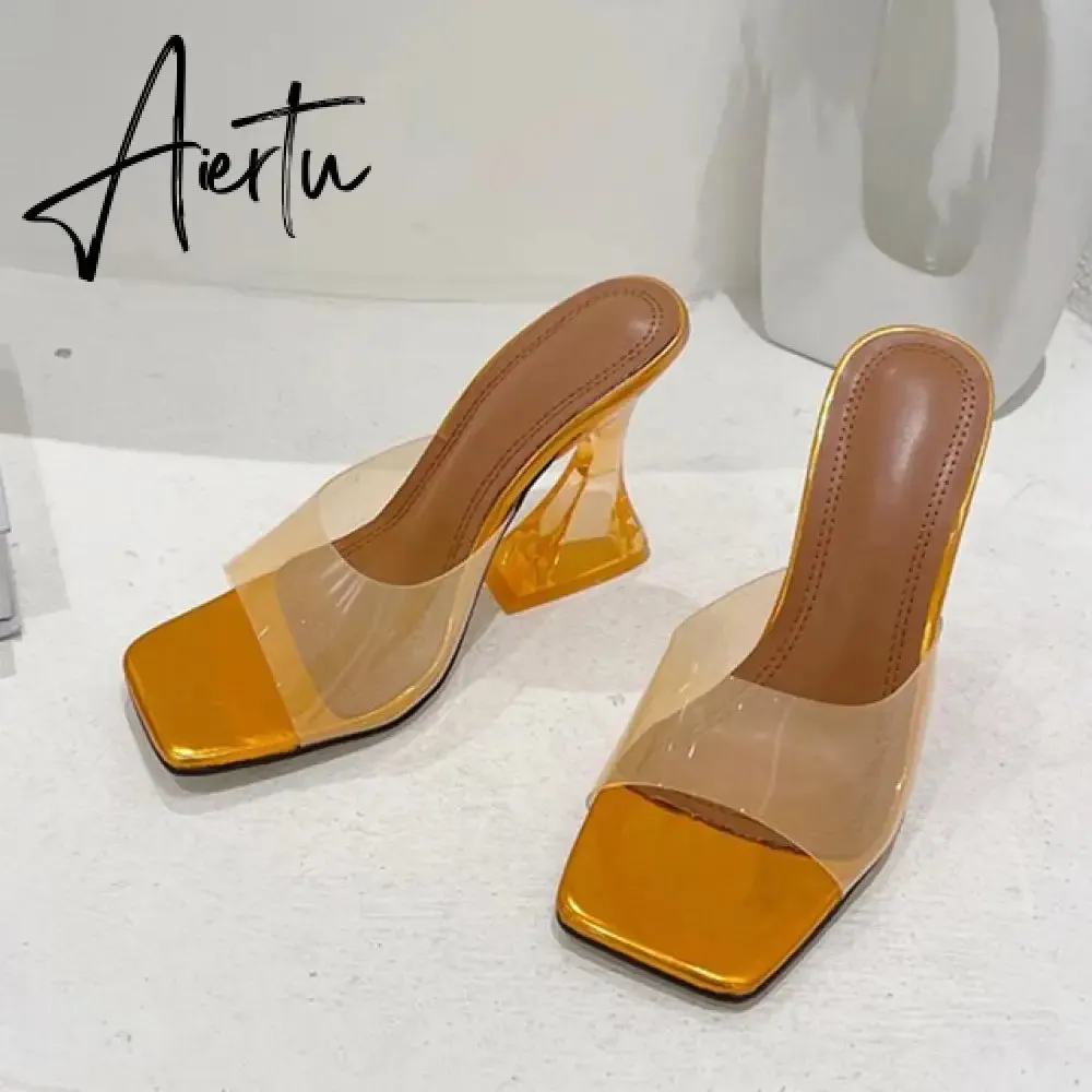 Sexy Leopard Grain PVC Transparent Slippers Women Slides Mules Gladiator Jelly Sandals Summer Open Toe Clear High Heels Shoes