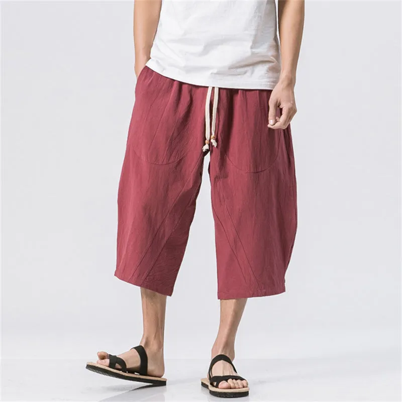 Summer Men's Japanese and Korean Style Cotton linen Loose Shorts