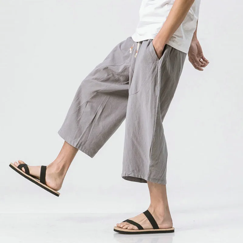 Summer Men's Japanese and Korean Style Cotton linen Loose Shorts