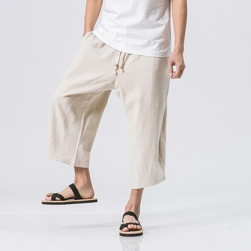 Summer Men's Japanese and Korean Style Cotton linen Loose Shorts