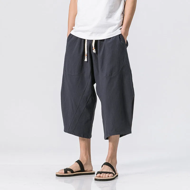 Summer Men's Japanese and Korean Style Cotton linen Loose Shorts