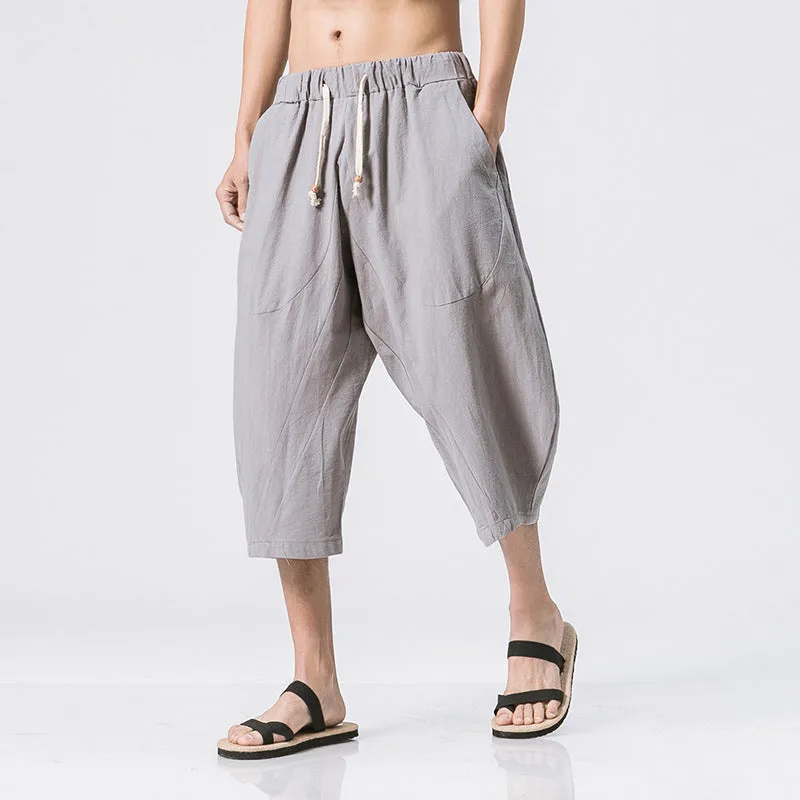 Summer Men's Japanese and Korean Style Cotton linen Loose Shorts